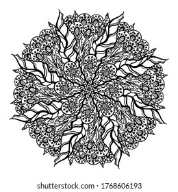 Vector illustration of a mandala. Doodle, black and white drawing of flowers. Nature, botany, plants. Pattern for decoration. Coloring. Antistress. Unique hand-drawn pattern.