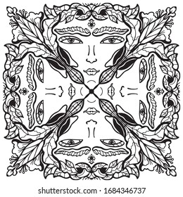
Vector illustration of mandala face, eyes, lips. Human face with plant elements. Doodle, monochrome. Coloring book, antistress, meditation. tattoo. Unique hand-drawn pattern.