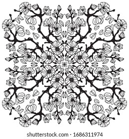 Vector illustration of a mandala of flowering trees, branches, cherry, sakura. Doodle, monochrome. Coloring book, antistress, meditation. tattoo. Unique hand-drawn pattern.