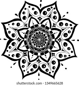 Vector illustration with mandala like a flower. Black drawing on white background. print for t-shirts, sketchbook, plannings. eight-pointed symmetric mandala. Creativity, graphics, freedom of expression