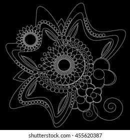 Vector illustration of mandala on black background. Ornament in ethnic style. Unusual pattern and print 