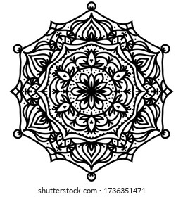 Ilustración vectorial. Mandala de fondo blanco. Ornamento circular simétrico étnico. Elemento aislado monocromo decorativo para diseño e impresión.