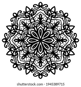 Vector illustration. Mandala on a white background. Ethnic symmetric circular ornament. Decorative monochrome isolated element for design and print.