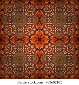 Vector illustration. Mandala ornament. Use for wallpaper, print packaging paper, textiles. Elements of flowers and leaves. Seamless background Eastern style brown, yellow and orange. Arabic Pattern.