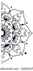 Vector illustration with mandala. quarter circle, repeating pattern with tops. Black drawing on white background