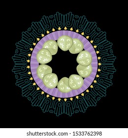 Vector illustration mandala shapes for healing massage business with repeating hands, candles and slices of cucumber, isolated on black background. Relax holistic therapist concept