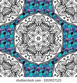 Vector illustration. Mandala style. Rich ethnic striped seamless pattern geometric design. Colored mandala on white, black and blue colors.