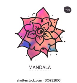 Vector illustration mandala. Watercolor lotus flower isolated on white. Round pattern, design element, oriental style. 
