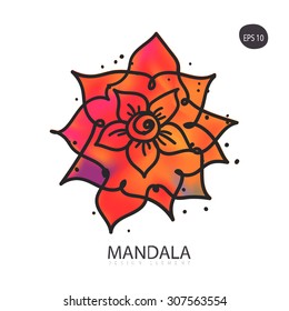 Vector illustration mandala. Watercolor lotus flower isolated on white. Round pattern, design element, oriental style. 