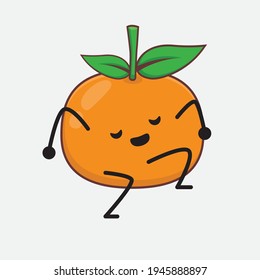 Vector Illustration of Mandarin Orange Character with cute face, simple hands and leg line art on Isolated Background. Flat cartoon doodle style.