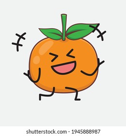 Vector Illustration of Mandarin Orange Character with cute face, simple hands and leg line art on Isolated Background. Flat cartoon doodle style.