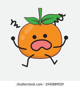 Vector Illustration of Mandarin Orange Character with cute face, simple hands and leg line art on Isolated Background. Flat cartoon doodle style.