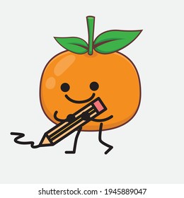 Vektorgrafik von Mandarin Orange Zeichen mit süßem Gesicht, einfachen Händen und Beinlinien Kunst auf isoliertem Hintergrund. Flacher Cartoon-Doodle-Stil.