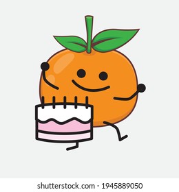 Vector Illustration of Mandarin Orange Character with cute face, simple hands and leg line art on Isolated Background. Flat cartoon doodle style.