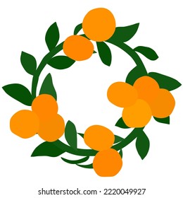 Vector illustration of mandarin orange fruit on a white background. The spreading stalk is round. Fresh ripe orange yellow orange with green leaves. Great for fruit juice logos, posters, web logos.