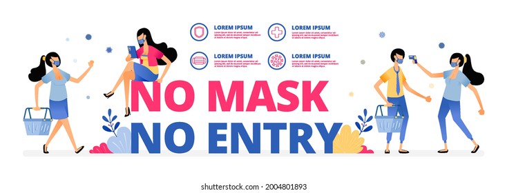 Vector illustration of mandatory warning sign to wear a mask at doing outdoor activities or meeting people. Information of NO MASK NO ENTRY. Design can be for landing page, website, poster, mobile app