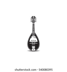 Vector illustration of mandolin isolated on white background. Black and white resonator musical instrument. Folk music mandolin.