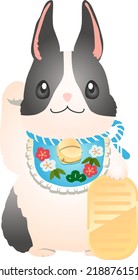 Vector illustration of a "maneki rabbit", inspired by the beckoning cat or "maneki neko", a good-luck charm. Recommended for New Year's cards and New Year's greetings.