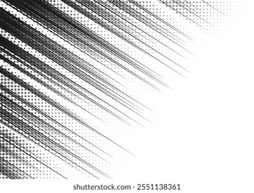 Ilustración vectorial del efecto manga con líneas de velocidad diagonales en blanco y negro. Movimiento, acción o explosión en el cómic de anime Superhéroe. Cubierta texturizada. Plantilla de diseño retro.