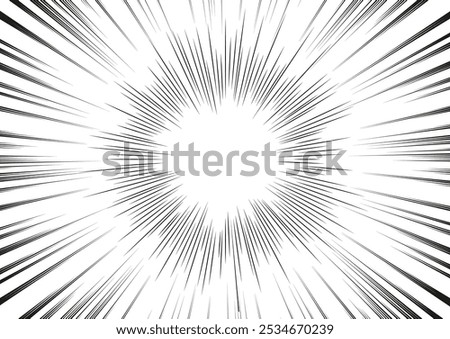 Vector illustration of manga effect in black and white. Radial light burst texture. Anime comic with flash rays conveying motion. Explosion or superhero movement. Cartoon halftone line. Isolated.