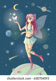 Vector illustration of the manga fairy in space, where the stars are near her hand.

