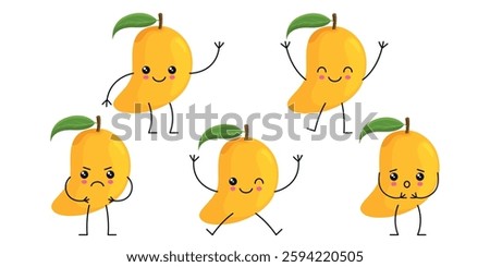 Vector illustration of a mango character with different emotions with arms and legs in kawaii style