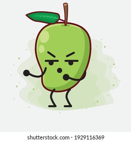 Ilustración vectorial del personaje de la fruta de Mango con cara linda, manos simples y líneas de piernas en fondo aislado. Estilo de dibujo animado plano.
