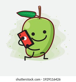 Vector Illustration of Mango Fruit Character with cute face, simple hands and leg line art on Isolated Background. Flat cartoon doodle style.
