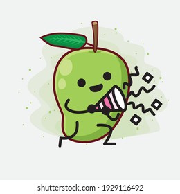 Vector Illustration of Mango Fruit Character with cute face, simple hands and leg line art on Isolated Background. Flat cartoon doodle style.