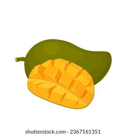 Ilustración vectorial, fruto de mango con cubos de mango, aislados en un fondo blanco.