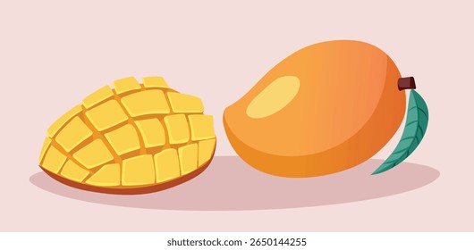 
Vector Illustration of a Mango Fruit Whole and Sliced. Drawing of a tropical stone fruit (drupe) on a pink background 