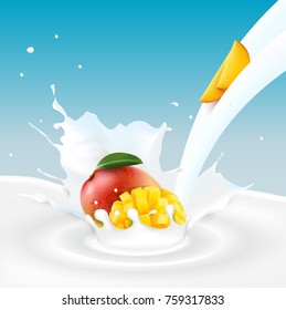 Vector illustration of Mango fruits and milk splash