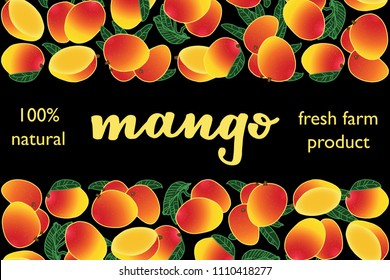 vector illustration of mango and leaf design with lettering mango background black and fruit and text fresh farm product 100% natural EPS10