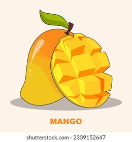 Ilustración vectorial mango maduro amarillo entero y corte cubos de mango con hoja aislados en color amarillo suave fondo. Frutos de verano para un estilo de vida saludable. Frutos tipo caricatura para cualquier diseño.