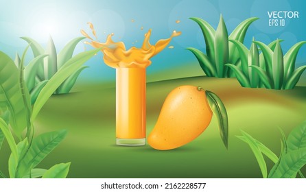 vector illustration mango and mango splashing juice glass design template on beautiful background.