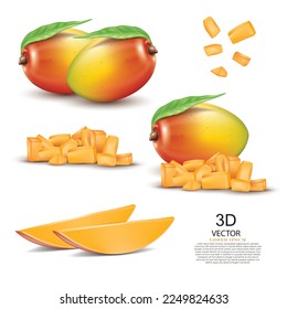 vector illustration mangoes and mango slices design template on the white background.fresh realistic mango set design.
