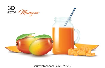 Vektorgrafik-Mangos, Mango-Scheiben mit frischen Saft Glas Glas Glas Glas Glas Design-Vorlage auf weißem Hintergrund einzeln. Verwendung für leckere und frische Früchte Konzept.