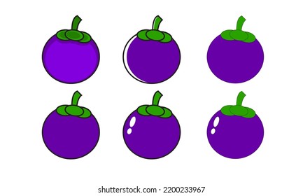 ilustración vectorial del icono mangosteen. icono conjunto de frutos. vector de fruta. vector mangostino. conjunto de iconos mangostinos. iconos de mangostino plano.