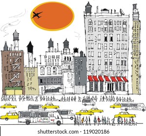 Vector illustration of Manhattan buildings, traffic and pedestrians, New York.