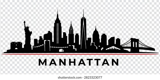 Vector illustration of Manhattan city skyline silhouette featuring iconic landmarks like the Statue of Liberty, Empire State Building, and Brooklyn Bridge.