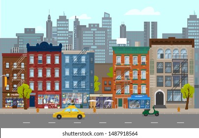 Vector illustration of Manhattan street with different retro houses with shops, taxi, scooter. City silhouette at the background. Cityscape in flat style.