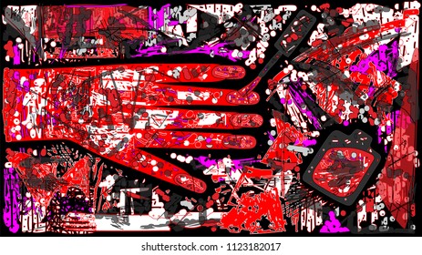 Vector illustration of manicure lacquer with abstract red purple white black mottled pattern and hand with long nails in a modern youthful bright grunge style and graffiti poster for beauty salons 