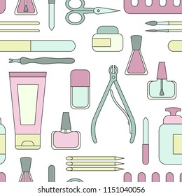 Vector illustration Manicure tools and accessories. Seamless pattern on the topic of nail manicure for shop, magazine, salon, poster and other.