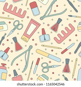 Vector illustration Manicure tools and accessories. Seamless pattern on the topic of nail manicure for shop, magazine, salon, poster and other.