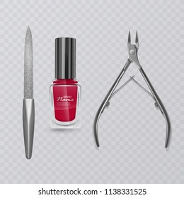 Vector illustration with manicure tools, red nail polish, nail file and realistic cuticle remover clippers