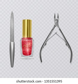 Vector illustration with manicure tools, red nail polish, nail file and realistic cuticle remover clippers