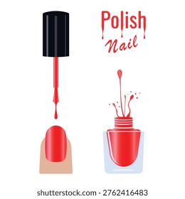 Vector illustration of a manicured nail next to a red nail polish with splashes