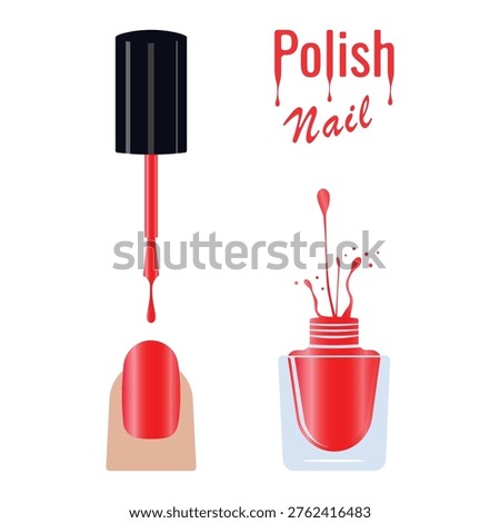 Vector illustration of a manicured nail next to a red nail polish with splashes
