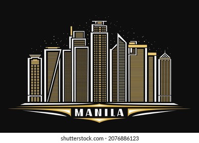 Ilustración vectorial de Manila, afiche horizontal oscuro con diseño lineal famoso paisaje de la ciudad manila sobre el fondo del cielo estrellado oscuro, concepto de arte urbano asiático con letras decorativas para el manual de palabras.