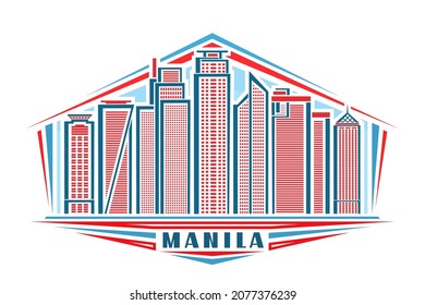 Vector illustration of Manila, horizontal logo with linear design famous manila city scape on day sky background, asian urban line art concept with decorative lettering for blue word manila on white.